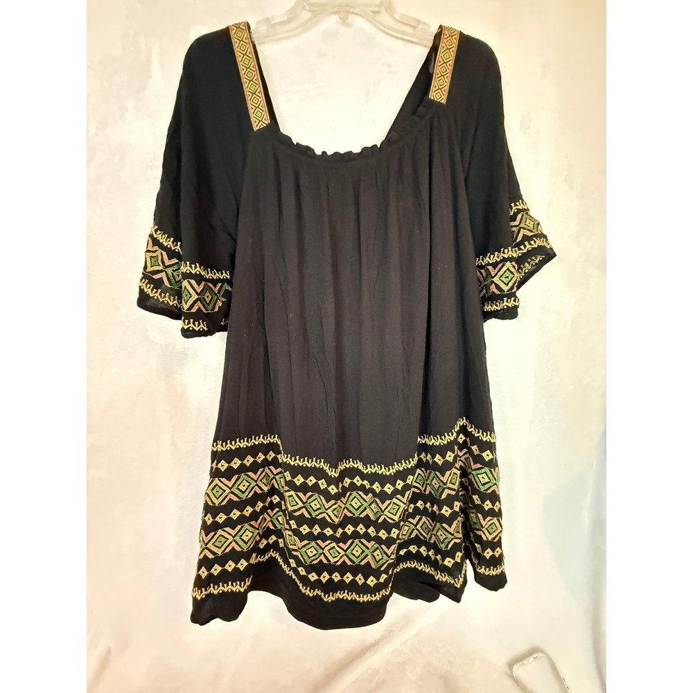 Easel Black Embroidered Boho Tunic Dress Size L Peasant Festival‎ Rayon